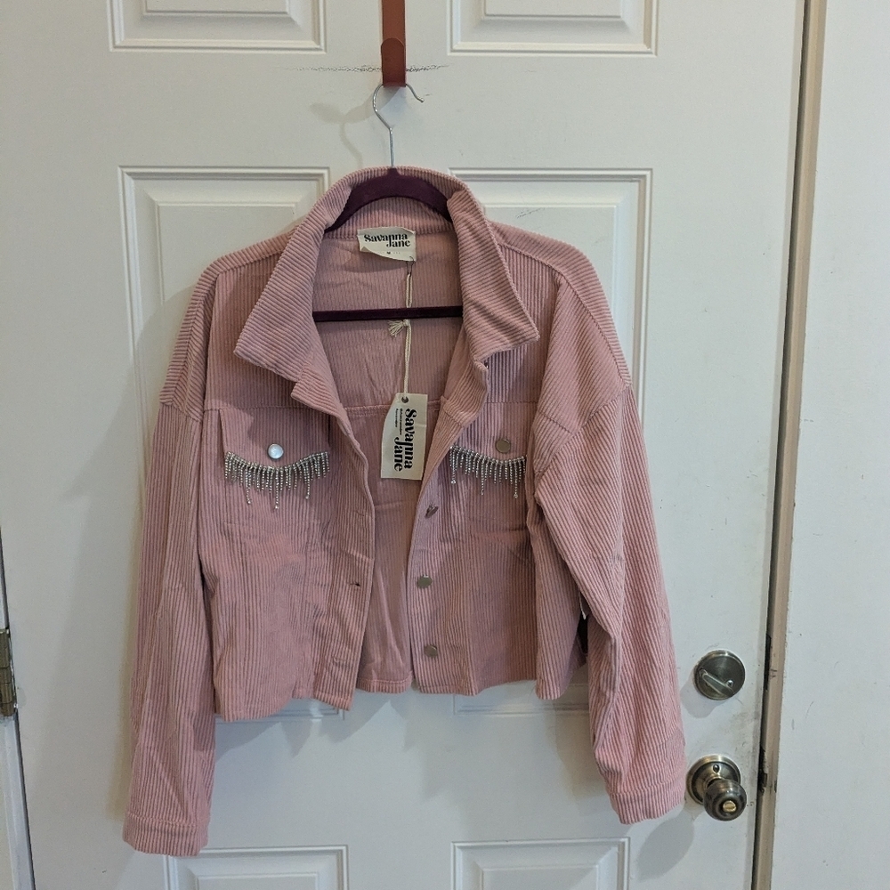 NWT Savanna Jane Pink Corduroy Jacket with Rhinestone Fringe Detail - Picture 2 of 7